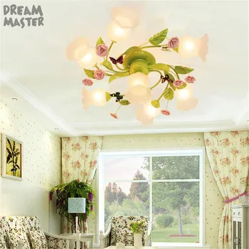 Eiropas stila bērnu guļamistaba griestu lustras apgaismojums, rozā rožu dekoratīvās zaļā spīdumi lampas meitenītes istabu, 4 7 home gaismas 5