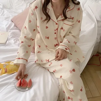 Pidžamas Komplekts Mīlestība Drukāt Atpūtas garām piedurknēm Salds Sadzīves Pavasara Mājas Tērps korejas Vienu Krūtīm, Krekli + Garās Bikses Kopa