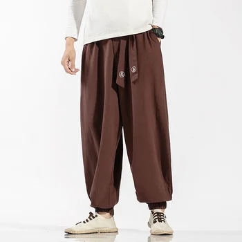 MrGB Mīksti Kokvilnas Veļa Vīriešiem, Harēma Bikses Gadījuma Ķīniešu Stilā Plaša Kāju Cietā Vintage Lielizmēra Vīriešu Elastīga Vidukļa Bikses Drēbes