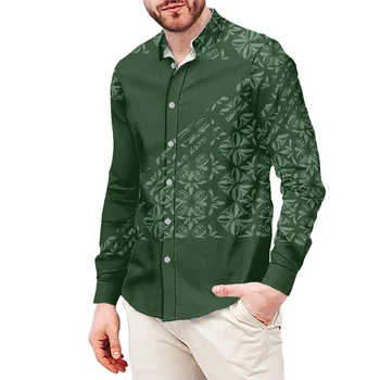 Zaļā Luksusa Tetovējums Attēlu Etnisko Stilu Iespiests T-Krekls Polinēzijas Krekls ar garām Piedurknēm Samoāņu Vīriešu tērpu Kreklu Kāzu S-6xl 0