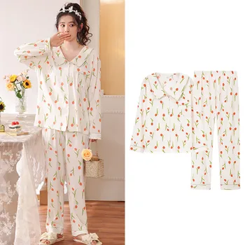 M-4XL Liela Izmēra Sieviešu Pidžamas noteikti Jauni un Svaigi Drukātas Sleepwear Mājas Tērps Lelle Apkakles Salds Naktsveļu garām Piedurknēm Pyjama Femme 0