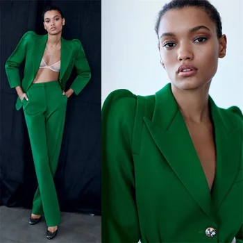 Modes Zaļā Sieviešu Kostīmi Set Custom Made 2 Gab Laternu Piedurknēm Žakete+Bikses Oficiālu Sexy Sasniedza Atloks Biroja Dāma Balles Kleita 0