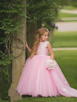 Elegants Ruffles Bumbu Kleita Puķu Meitene Kleitas 2022 Rozā Appliques Bērniem Princese Uz Grezna kāzu Kleitas Vestidos De Fiesta