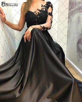 Viena Pleca, ar garām Piedurknēm Melnā Oficiāla Vakara Tērpi Sievietēm Drēbes De saviesīgs vakars Ziedi-Line Elegants Satīna Balles Kleitas, Plus Izmēru