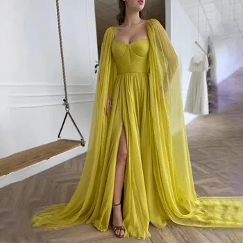 Sexy citronu dzeltena 2022 Balles Kleitu-line mežģīņu Šifona oficiāla vakara kleita, cepure, kroku sadalīt puse slavenība dress 0