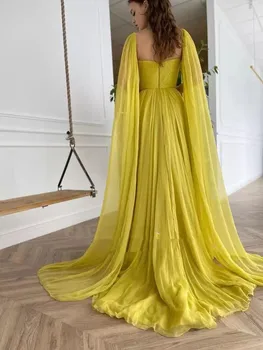 Sexy citronu dzeltena 2022 Balles Kleitu-line mežģīņu Šifona oficiāla vakara kleita, cepure, kroku sadalīt puse slavenība dress 1