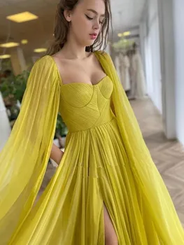 Sexy citronu dzeltena 2022 Balles Kleitu-line mežģīņu Šifona oficiāla vakara kleita, cepure, kroku sadalīt puse slavenība dress 2