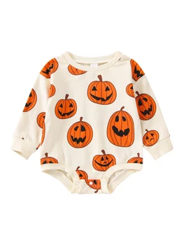 Halloween Zīdaini Mīksti Baby Romper Meitenes Zēni Karikatūra Ķirbju Drukāšanas Apaļu Apkakli, Garām Piedurknēm Jumpsuit Ikdienas Drēbes