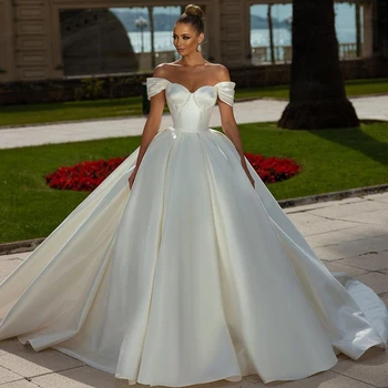 Princese Kāzu Kleitas, Līgavas 2023 Pie Pleca Fāzēm Vienkārša-Line Satīna Kāzu Tērpu Tīrīšana Vilcienu Drēbes De Mariée YEEH 0