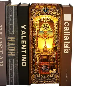 3D Koka Puzles Bookends Derības Baznīcas Grāmatu Nams LED Dekoratīvās Grāmatu Ielikt Bookend Dekoru DIY Bookset Mājas Galda 0