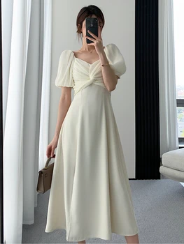 Vasaras Sieviešu Modes Gadījuma Midi Puff Piedurknēm Kleita Eleganta Dāma, Vestdios Sieviešu Līnijas Puses Drēbes Pusē Sadalīt Elegants Apģērbs 0