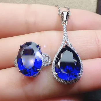 Klasiskā zilā kristāla sapphire gemstones dimanta kulonu kaklarotas sieviešu balta zelta, sudraba krāsa bijoux puse, rotaslietas, dāvanas, 0