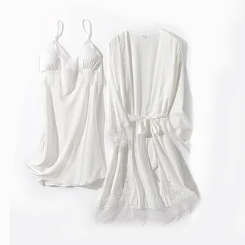 Baltā Līgavas Kāzu Tērpu Komplekts Lady Sleepwear V-Veida Kakla Intīmas Apakšveļa Sexy Kimono Kleita Vasaras Zaudēt Naktskrekls&Peldmētelis Kostīmi