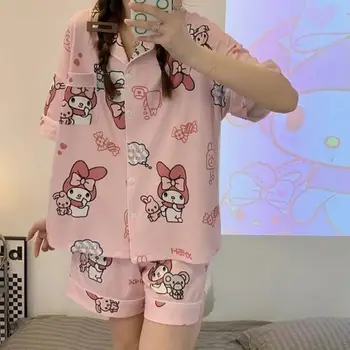 Sanrios Īsām Piedurknēm Pidžamu Kawaii Hello Kitty Cinnamoroll MyMelody Kuromi Pochacco Anime Multfilmu Gudrs Atloks Sleepwear Homewear 0