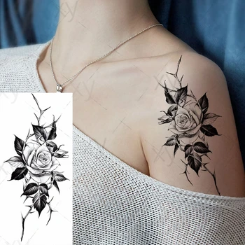 Skiču Ziedu Tetovējumu Uzlīmes, Melnā un Baltā Roze, Pilna Ķermeņa Viltus Seksīga Meitene Art Deco Pagaidu s
