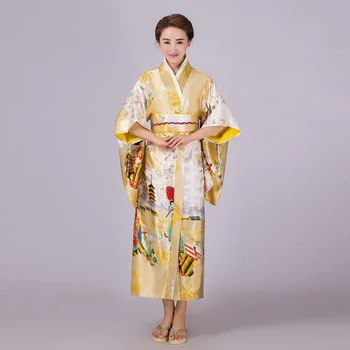 Dzeltena Japāņu Stila Viskozes Zīda Kimono, Ar Obi Sexy Yukata Vintage Puse Balles Kleitu Cosplay Kostīmu Viens Izmērs 715-21 0
