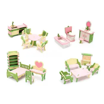 4 Set Koka Namiņš Miniatūru Mēbeles Puzzle Modeli, Bērni Bērnu Rotaļlietas 0