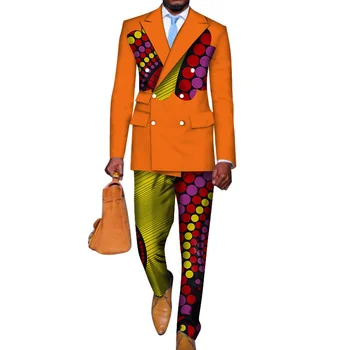 Āfrikas Apģērbu Ankara Vīriešu Uzvalki, 2 Gab. Komplekts Skaists Līgavainis Kāzu Tuxedos Slim Fit Oficiālas Uzņēmējdarbības Vīriešu Žakete, Bikses Apģērbs 0