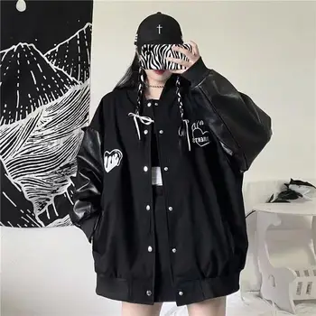 Korejiešu versiju Harajuku stils bomber jacket 2022 pavasara un rudens sieviešu mēteli lielgabarīta jaka āda tīra melnā jaka