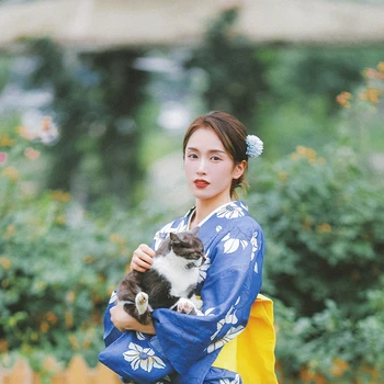 Sieviešu Japāņu Tradicionālo Kimono Ziedu Prints Vintage Stilā Kokvilnas Vasaras Kleita Cosplay Apģērbu Fotogrāfija Kleita Mājas apstākļos 0