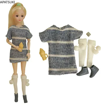 Pelēks Modes Lelle Drēbes Komplekts Barbie Apģērbs 1/6 Lelles, Aksesuāri Barbie Lelle Garš Džemperis Kleita, Zeķes, Apavi Bērniem, Rotaļlietas