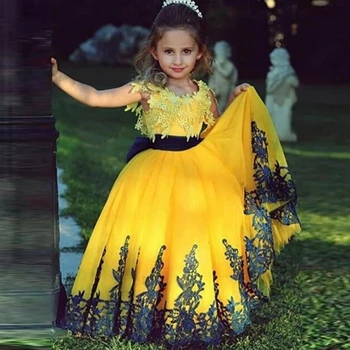 Cute Yellow AppliquesTulle Puķu Meitene Kleitas Dzimšanas Dienu Gājienā Komūniju Drēbes De Demoiselle Princese Bērnu Grupa Pasūtījuma
