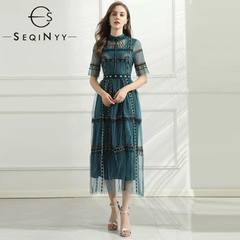 SEQINYY Zilā Vintage Kleita, Acs Pavasara Vasaras Jaunā Modes Dizaina Sievietes Augstas Kvalitātes Izšuvumu Ziedi-line Elegants Midi 0