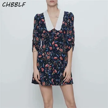 CHBBLF sieviešu salds ziedu mini kleita izšuvumi apkakle ar trīs ceturtdaļu piedurknes elastīga vidukļa sieviešu retro šiks kleitas O9580