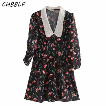 CHBBLF sieviešu salds ziedu mini kleita izšuvumi apkakle ar trīs ceturtdaļu piedurknes elastīga vidukļa sieviešu retro šiks kleitas O9580 1