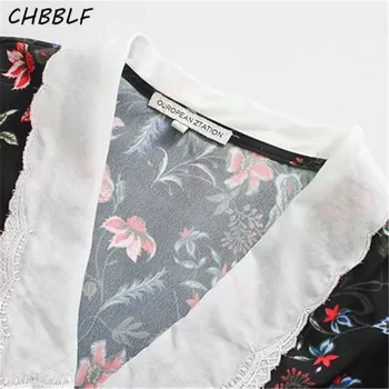 CHBBLF sieviešu salds ziedu mini kleita izšuvumi apkakle ar trīs ceturtdaļu piedurknes elastīga vidukļa sieviešu retro šiks kleitas O9580 3