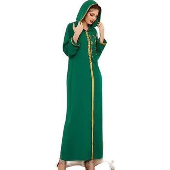 Zelta Rimmed Kapuci Marokas Caftan Zaļā Roku Šūtas Rhinestone Maxi Kleitas Sievietēm ar garām Piedurknēm Dubajas arābu Abaya 0