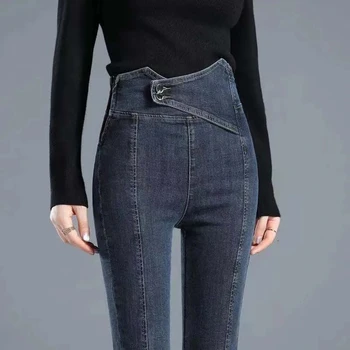 Vintage Blue Augsta Vidukļa Džinsus Sieviešu Jauni Sānu Rāvējslēdzējs Slim Izdilis Zīmuli Bikses Streetwear Dubultā Krūtīm Pāri Džinsa Bikses