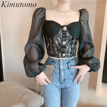 Kimutomo Vintage Sexy Acs Mežģīņu Izšūšanas Īss Krekls Sieviete Elegants Laukumā Apkakles Ilgi Puff Piedurknēm, Universāls, Blūze Ins Jūra