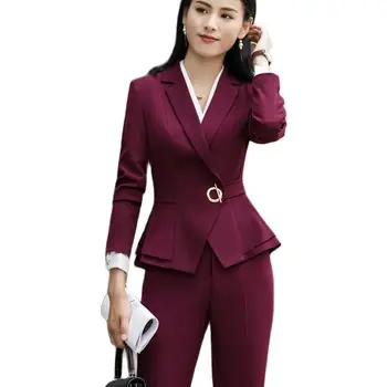 Modes Vīna Vienotu Dizainu Pantsuits Ar Topi un Bikses Komplekti Sieviešu Biznesa Uzvalki, Dāmām Biroja Pantsuits Bikses Uzvalki 0