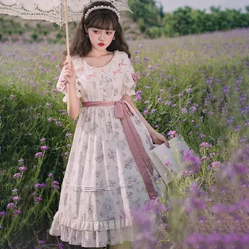 Bezgalīga Mīlestība ~ Elegants Ziedu Iespiesti Vasaras Kleita ar Īsām Piedurknēm Ilgi Lolita Kleita YLF