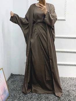 3 Gabals Abaya Matching Musulmaņu Sievietēm Komplekti Linene Dubaija Islāmu Pieticīgs Atvērt Abayas Kimono, Turcija Kleita, Hijab Wrap Svārki Ramadāna Eid